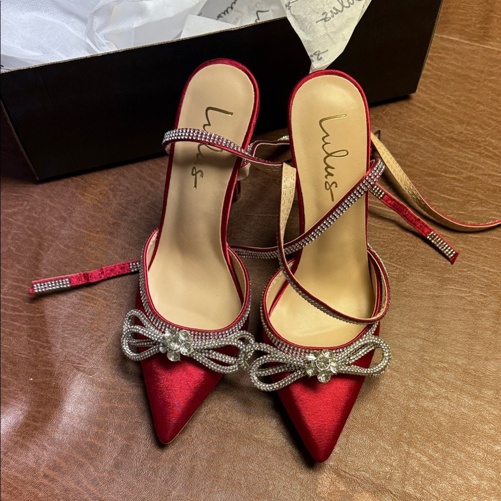 Lulu's Elegant Red Satin Heels with Sparkling Bow